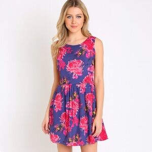 Garnet Hill Sleeveless Fit & Flare Dress Size 14 Navy Pink Floral A-Line